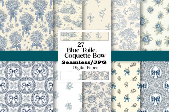 Blue Toile Digital Paper: The Coquette Bow Design Asset