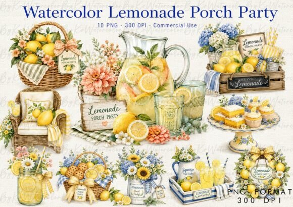Lemonade Porch Party Watercolor Bundle: Vibrant Clipart for Every Design